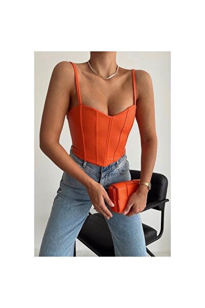 Freya Turuncu V yaka Askılı Deri Büstiyer Crop