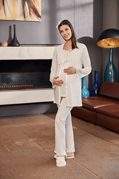 Mecit Pijama Σετ Πιτζάμες Εγκυμοσύνης με Ρόμπα από την Mecit 5002, Εκρού