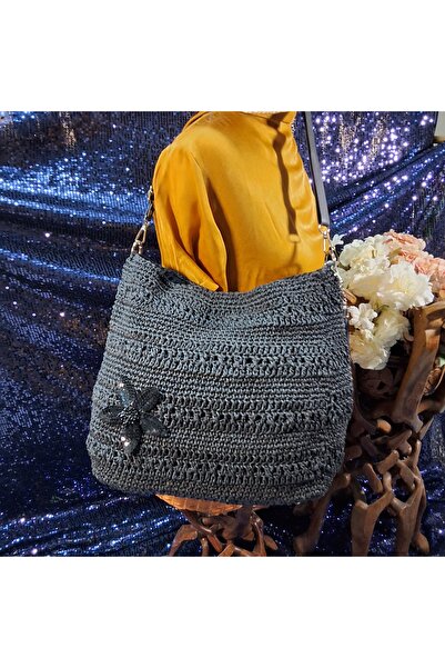 LIMITED EDITION SİYAH PAYETLİ ÇİÇEK VE DERİ PÜSKÜL DETAYLI ÇANTA