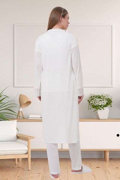 Mecit Pijama Ecru Long Maternity Pajama Set with Dressing Gown