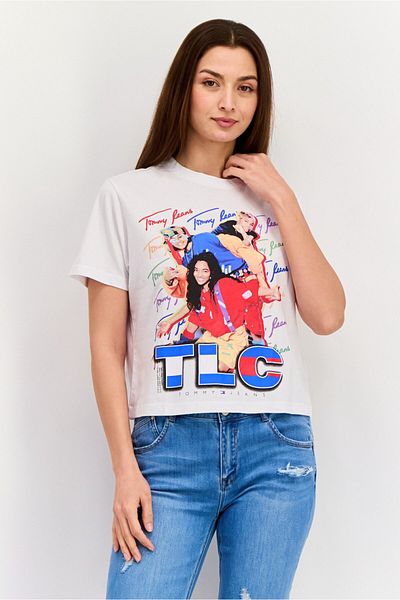 Tommy Hilfiger Women Crew Neck Short Sleeve Graphic Top, White Combo