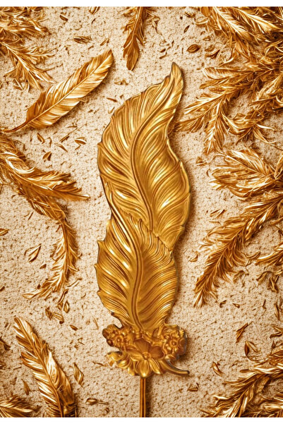 İki Cadı Tasarım Led Aydınlatmalı Tüy Aplik, Güllü Yaprak Aplik, Gold-Altın Renkli 85cm Dev Boy Tüy Aplik