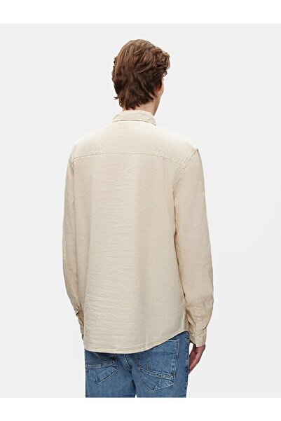 Ltb Relaxed Linen Look Long Sleeve Shirt Collar Beige Shirt