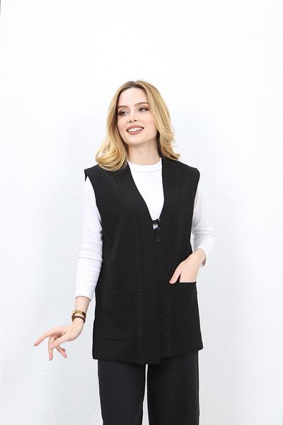 Özenli Triko Mother Vest - 3 Buttons, Steel Mesh Cord, Black Embroidered