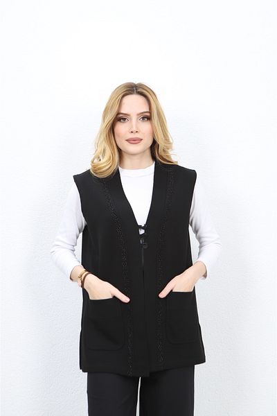 Özenli Triko Mother Vest - 3 Buttons, Steel Mesh Cord, Black Embroidered