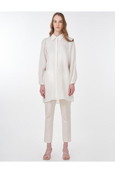 Kayra Shirt Collar Crinkle Tunic Cream