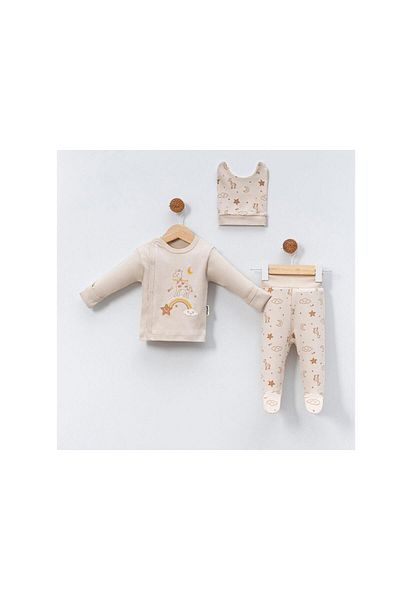 TRENDİMİZBİR Giraffe Embroidered Baby Boy 3-Piece Bodysuit Set - Beige