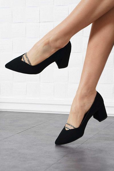 Moda Pie Pantofi cu toc Ralpe Double Stripe Stone pentru femei din piele intoarsa neagra