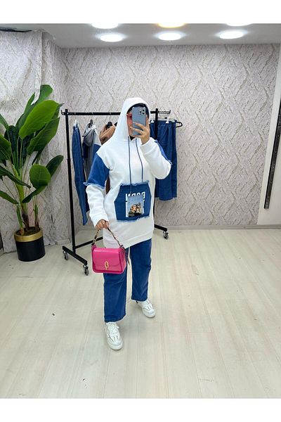 zümrüt moda Hooded Tunic and Trousers with Denim Detail - Winter Jeans Set 1769