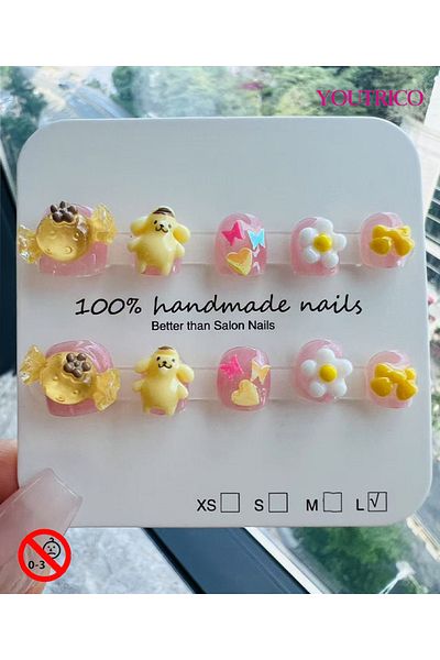 Youtrico Kid Press-on Nails 100% Handmade Candy Pudding Green, Safe for 3+ ,L