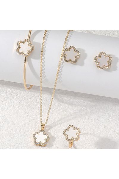 Choice SKU2 4 PCS Set Flower Shape Pendant Earring Ring Bangle Set Crystal Stone Necklace Earring Stud Cuff