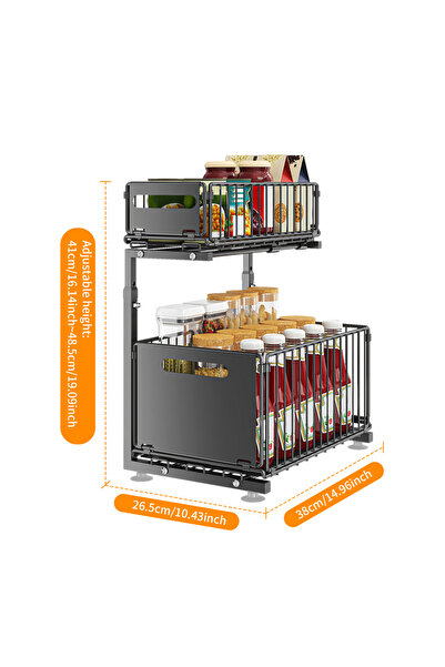 Choice منظم تخزين أسود من طبقتين أسفل الحوض، سلة تخزين قابلة للتعديل بخزانة م...