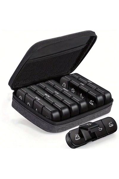 Choice black Weekly Pill Organizer 4 Times a Day with a Business Stylish Bag, Portable Pill Box 7 Day with
