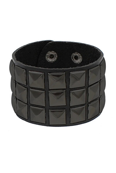 Choice YA4630-3 سوار رجالي أسود من الجلد بتصميم جديد على الموضة مع مسامير معدنية وسحر من الفولاذ المقاوم للصدأ