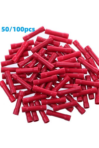 AOKIN 50pcs 50/100pcs Red Butt Connectors Crimp 22-16 Awg Butt Connector Insulated Pvc Wire Butt Splice Co