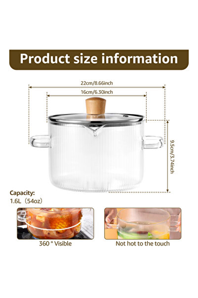 Choice وعاء طهي زجاجي شفاف M 1.6/2.3 لتر مع غطاء، قدر زجاجي، أوعية حبوب، وعاء للموقد عالي التحمل