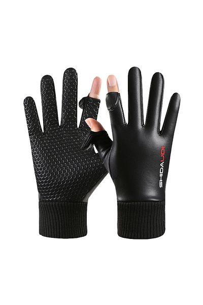 Choice A Two Fingers Flip-Up Gloves, PU Leather Warm Gloves, Waterproof and Cold-Proof, Winter Outdoor Cyc.