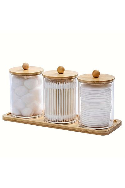 Choice Clear 4 pcs/set ,3 swabs/balls/pads holder with 1 dresser bamboo tray, apothecary jar with bamboo li