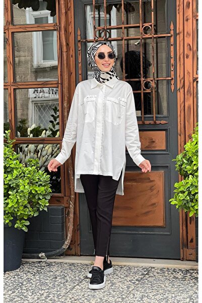 MissWhence Cep Detaylı Tasarım Kadın Gömlek Beyaz