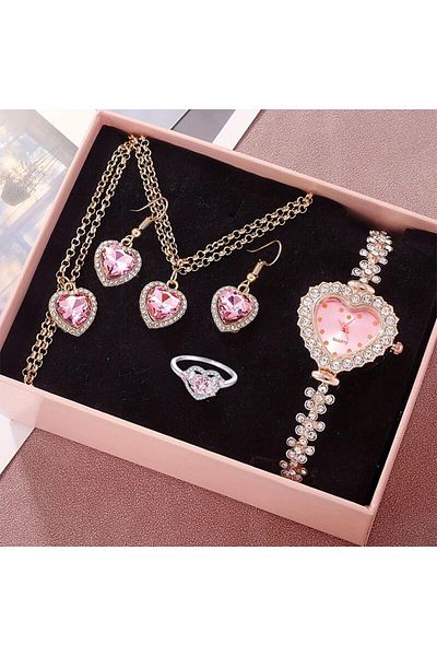 Choice 01 6pcs Women's Watch Rhinestone Heart Pointer Quartz Watch Cute Bracelet Wrist Watch & Jewelry Set,