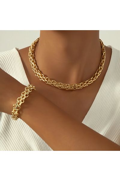 Choice T454 2 Pcs Set Gold Color Link Chain Necklace Bracelet Set Punk Bracelet Big Link Chain Dubai Africa