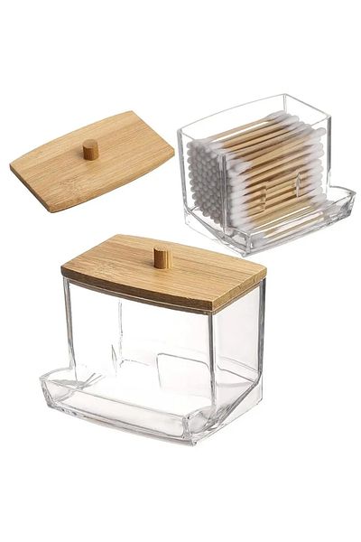 Choice Bronze 1Pcs Cotton Swab Holder, Cotton Swab Dispenser with Bamboo Lids,Bamboo Bathroom Storage Jars