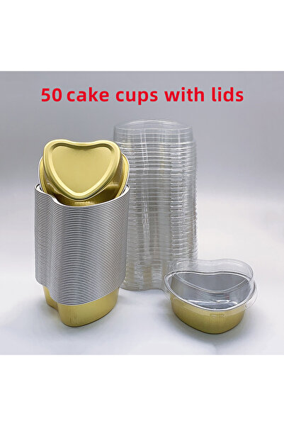 Choice 50 قطعة من أكواب الكيك المصنوعة من رقائق الألومنيوم على شكل قلب مع أغط...
