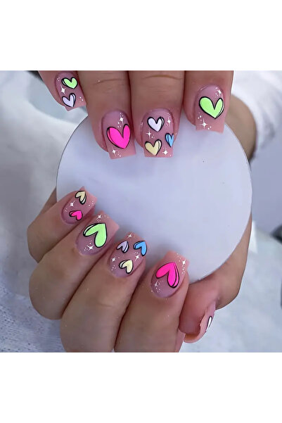 Choice XY-468 24 قطعة أظافر صناعية قصيرة مربعة غير لامعة، تصميم قلب ملون، تغط...