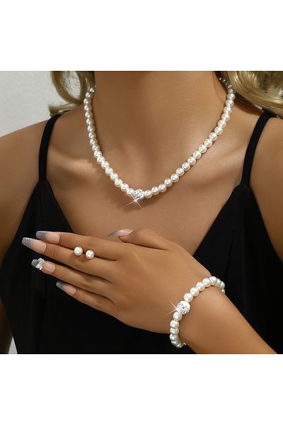 Choice 3PCS Set 3PCS Set Imitation Pearl Necklace Bracelet Earrings Stud Set Fireball Pearl Beaded Women Lu
