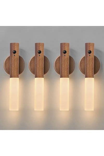 ZTree مصباح حائط مغناطيسي قابل لإعادة الشحن من Walnut مكون من 4 قطع مزود بمستشعر حركة ذكي ومحمول للممر
