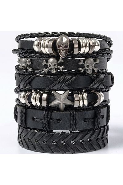 Choice B03-G 4/5/6pcs Evil Eye Wing Star Skull Diy Braided Punk Style Bracelet Set, Featuring Pu Leather An