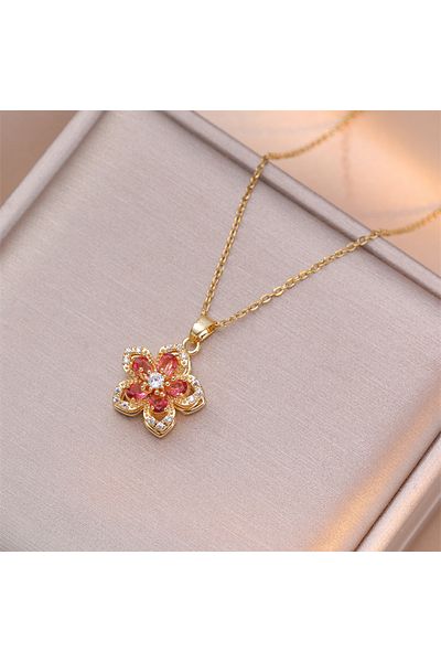 RINHOO FRIENDSHIP NC24Y0051-1 Shiny Zircon Romantic Flower Pendant Necklace For Women Gold Plated Rotatable Flowers Ch