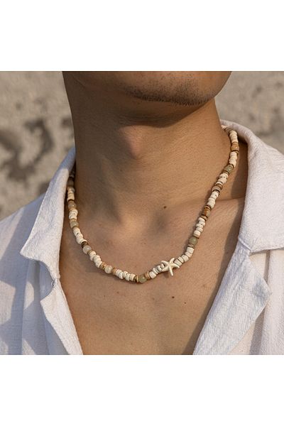 Choice White color KunJoe Summer Coconut-husk Wood Beads Starfish Choker Necklace for Men Bohemian Natural