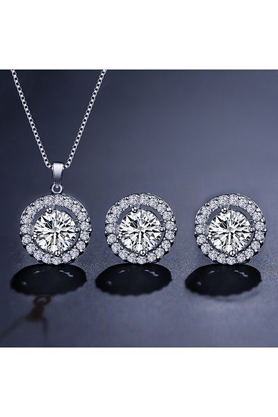 Choice White color 2pcs Simple Geometric Round Zircon Pendant Necklace for Women Clear AAA Zirconia Crysta