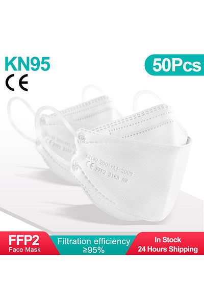 YUKUI 50 قطعة - أبيض - للبالغين 10-100 قطعة من أقنعة الوجه FFP2 المعتمدة من CE FPP2 للاستخدام مرة واحدة KN95 KF94 للوجه