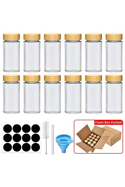 Choice 12pcs 12 pcs Glass Spice Jars with Bamboo Lids Include with Minimalist Spice Labels Stickers Collaps