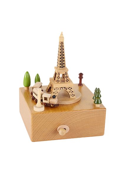Choice Iron Towers Wooden Carousel Music Box Ornaments Rotatable Hand-cranked Music Box DIY Handmade Birthd
