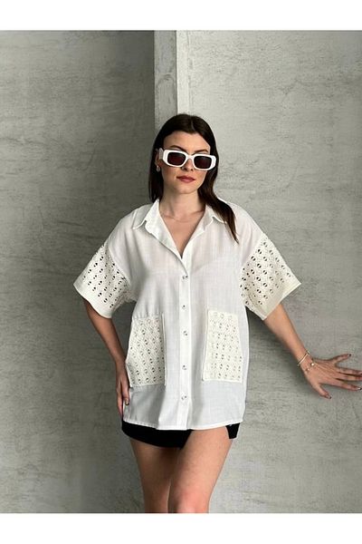HandCo White Linen Lace Detailed Shirt Lace Pocket Sleeve