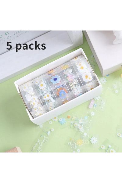 Choice 5pc 5 Rolls Transparent Decorative Tape PET Waterproof Self-Adhesive Flower Daisy Pattern Decorative