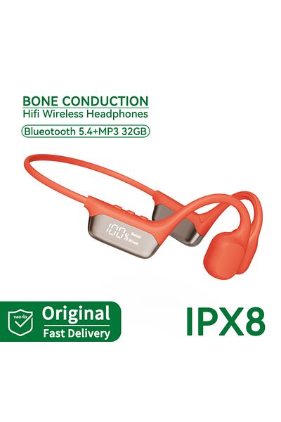 Choice OrangeRed #IPX8 Waterproof Bone Conduction Wireless Headphone Bluetooth 5.4+32GB RAM MP3 Player HIFI
