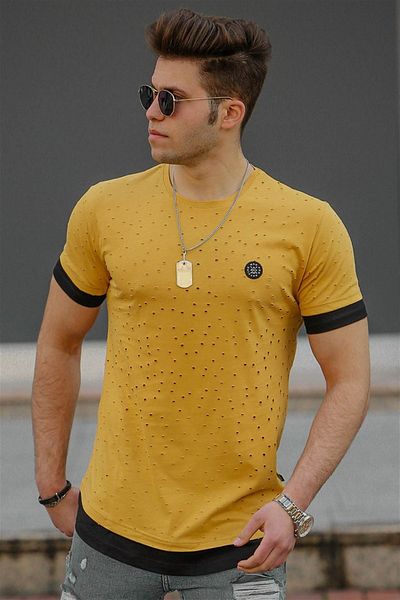 Madmext Ανδρικό T-Shirt με κίτρινο σκίσιμο με λεπτομέρειες 4489