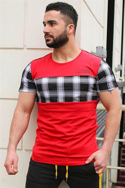 Madmext Crew Neck Plaid Red T-Shirt 3004
