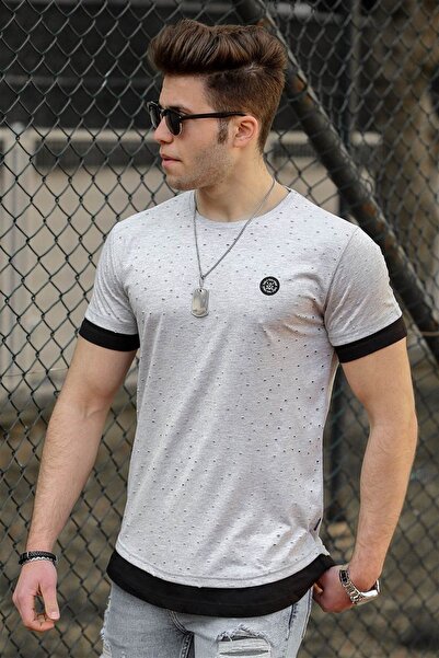 Madmext Ανδρικό μπλουζάκι με λεπτομέρεια γκρι σχισμένο 4489