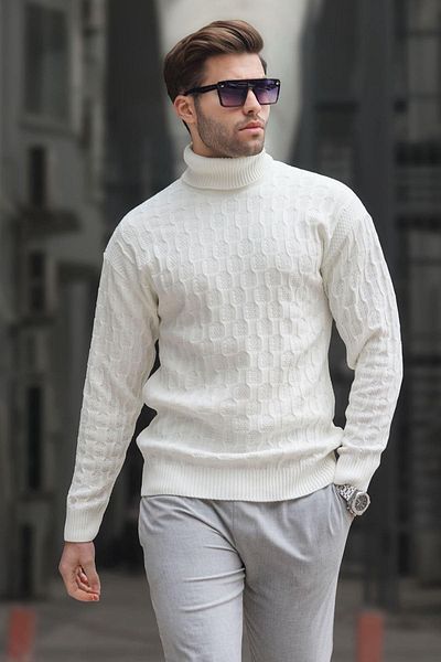 Madmext Bone Turtleneck Patterned Men's Sweater 6835