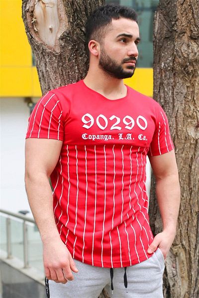Madmext Crew Neck Stripe Detailed Red T-Shirt 2863