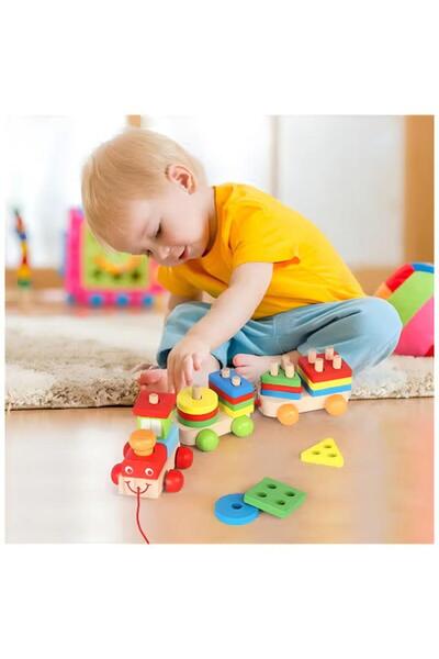 Generic مجموعة بناء قطار خشبي هندسي من شاربدو، قابلة للسحب والتكديس، مقاس 10×...