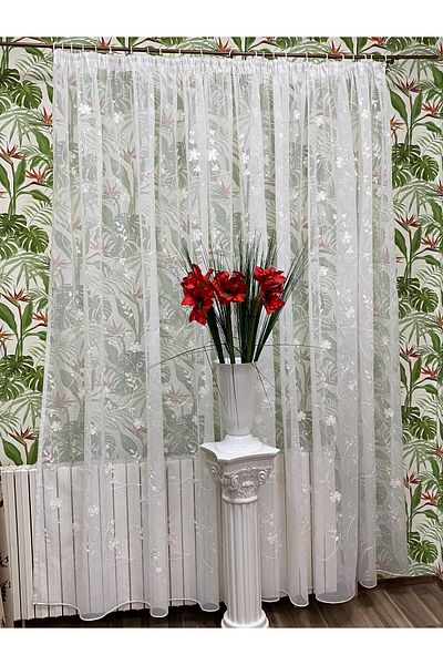 Liz Line Perdea alba cu flori albe, din in, colectia "Inna" by Liz Line, 700x245cm, cu rejansa - RD1907
