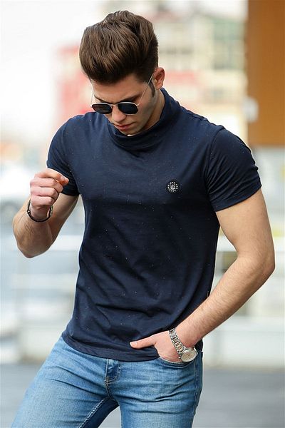 Madmext Ανδρικό μπλουζάκι με γιακά σάλι Navy Blue 4554