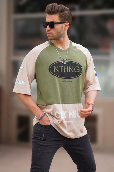 Madmext Ανδρικό μπλουζάκι Color Blocked Printed Khaki - Crew Neck 7027