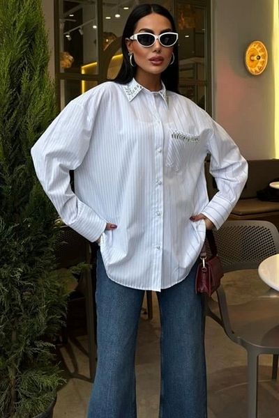 Butik Striped over Shirt with Stones on Collar and Pocket 3406
